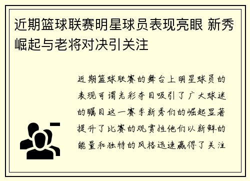 近期篮球联赛明星球员表现亮眼 新秀崛起与老将对决引关注